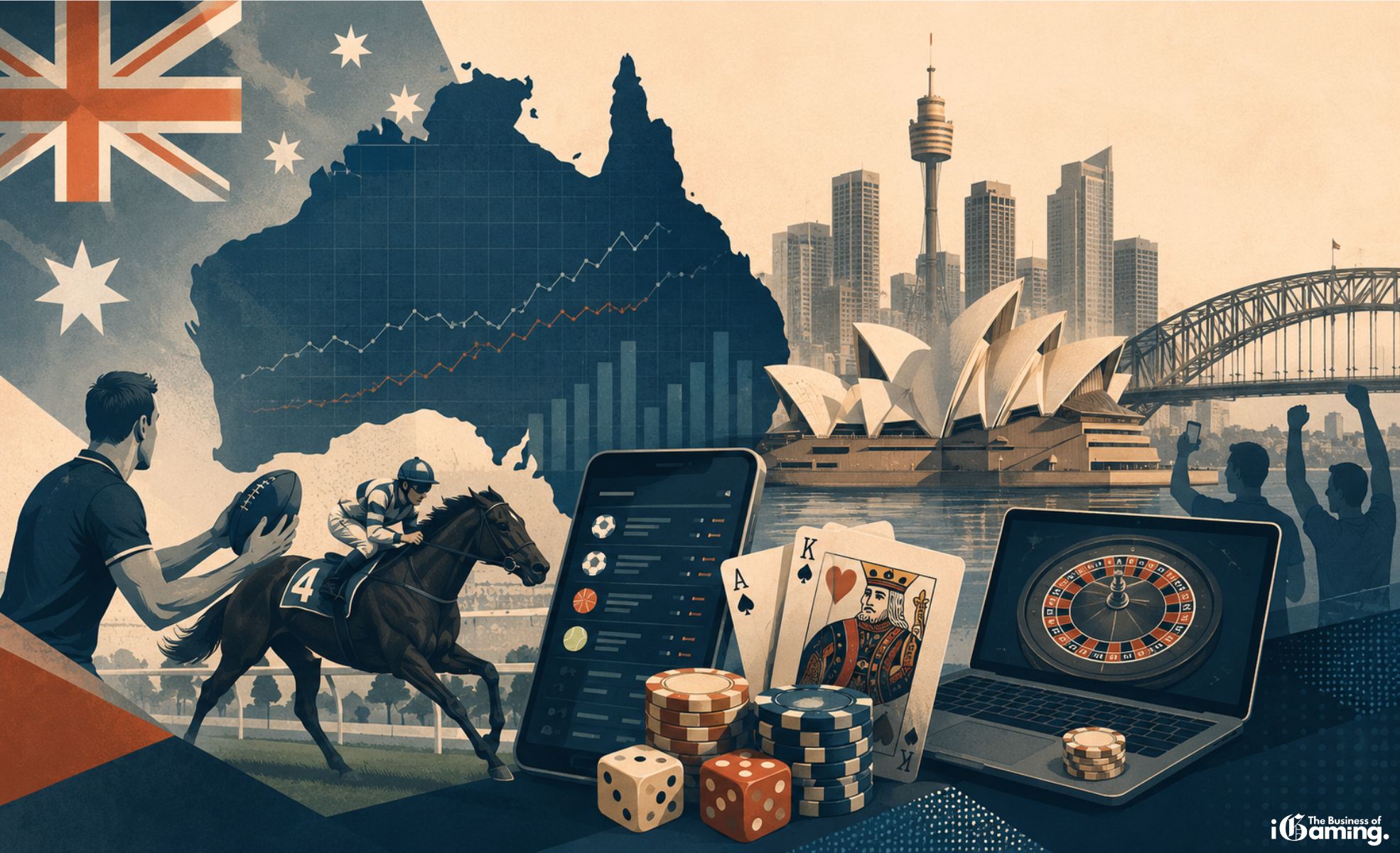 The Australian Gambling Market: A High-Value, High-Engagement Giant in Global Gaming Featured image illustrating the Australian gambling market with sports betting, horse racing, online casino gaming, Sydney Opera House, and digital wagering themes.