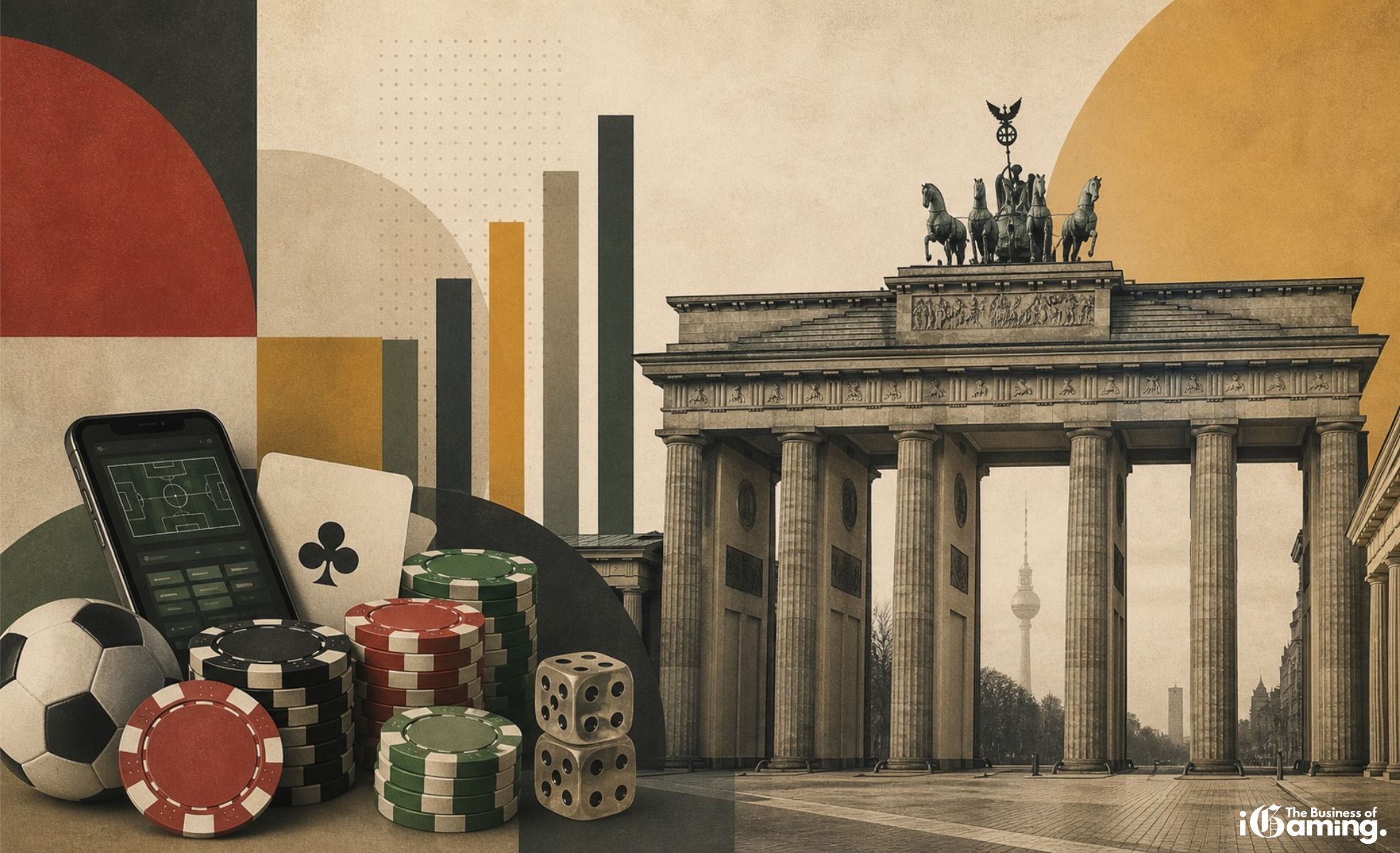 German Gambling Market: Stability, Regulation, and the Rise of Challenger Brands Illustration of Germany’s iGaming market featuring Brandenburg Gate with casino chips, dice, playing cards, and sports betting elements in a muted beige editorial design