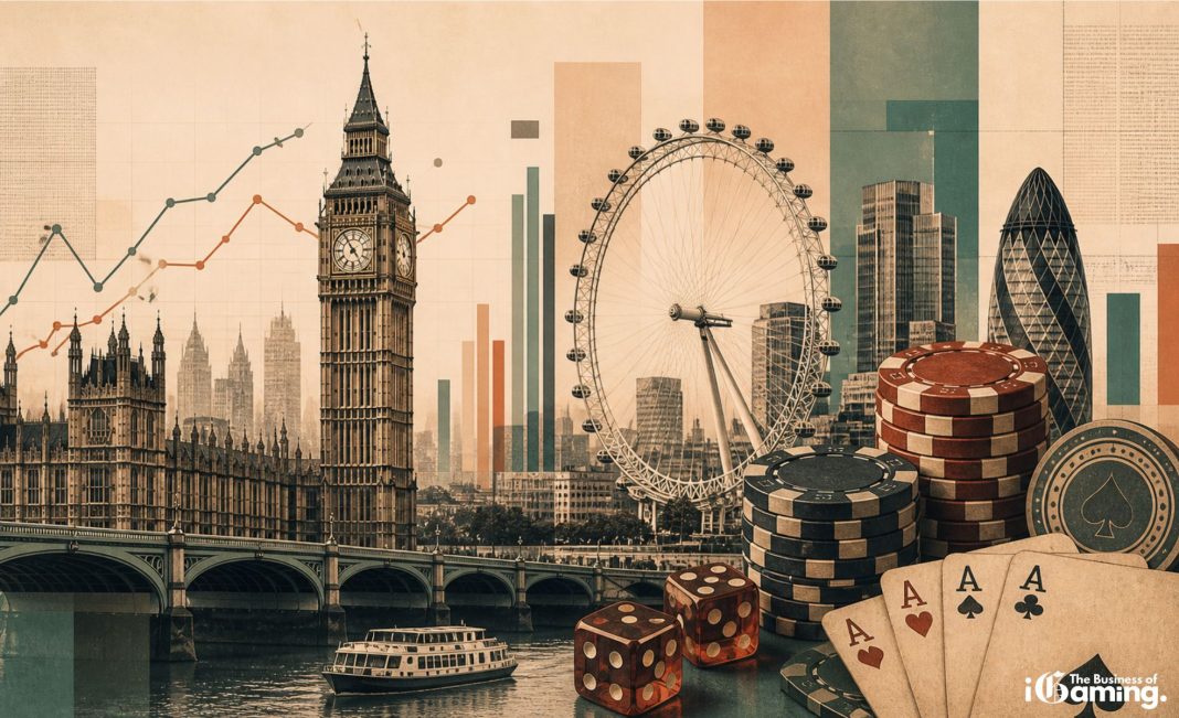 Illustration of London skyline with Big Ben, London Eye and modern cityscape combined with casino elements like poker chips, dice and playing cards, representing the UK gambling market and iGaming industry