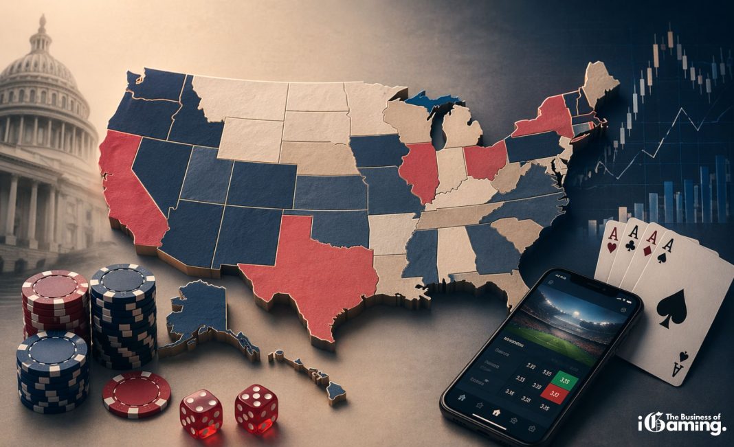 US map with gambling elements including poker chips, dice, playing cards and a mobile sports betting app, illustrating the American betting market and regulatory landscape