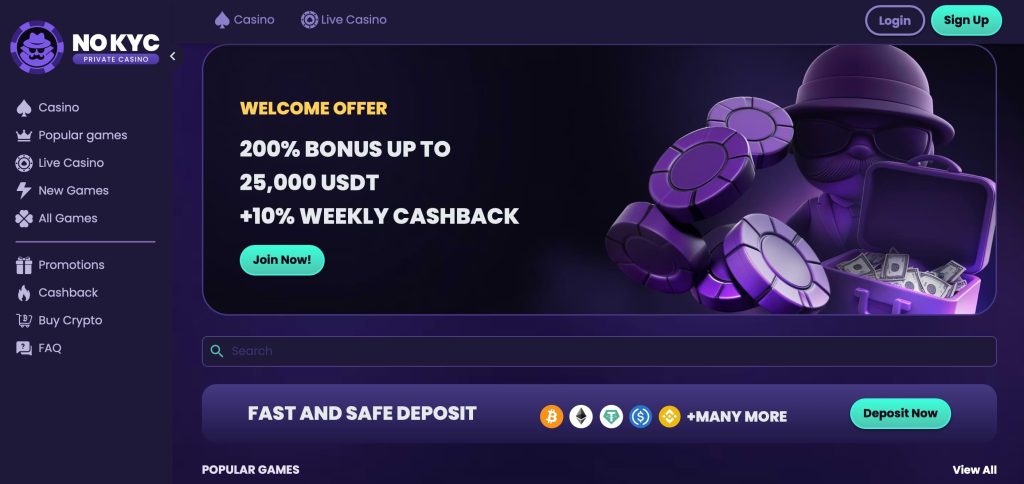 NO KYC Private Casino homepage
