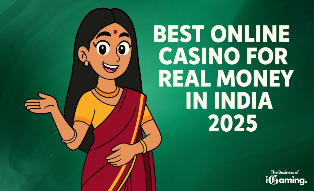 Chota Bheem style woman standing and talking - The text on the image says "Best Online Casino for real money in India 2025"