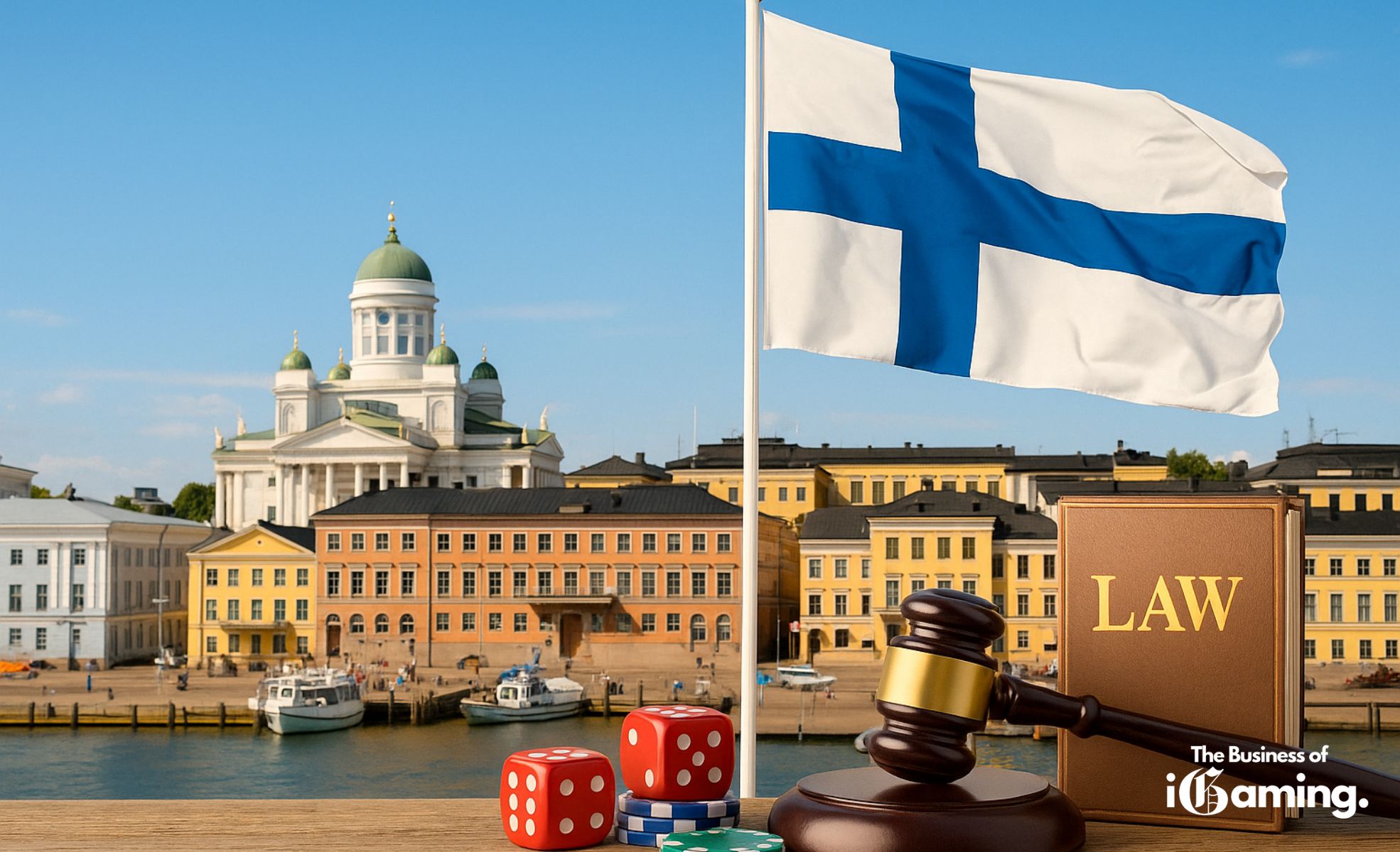 Finland’s Gambling Overhaul: From Monopoly to Modern Market an image of Helsinki with a Finnish flag and gambling elements in the front - representing the new gambling reform for Finland