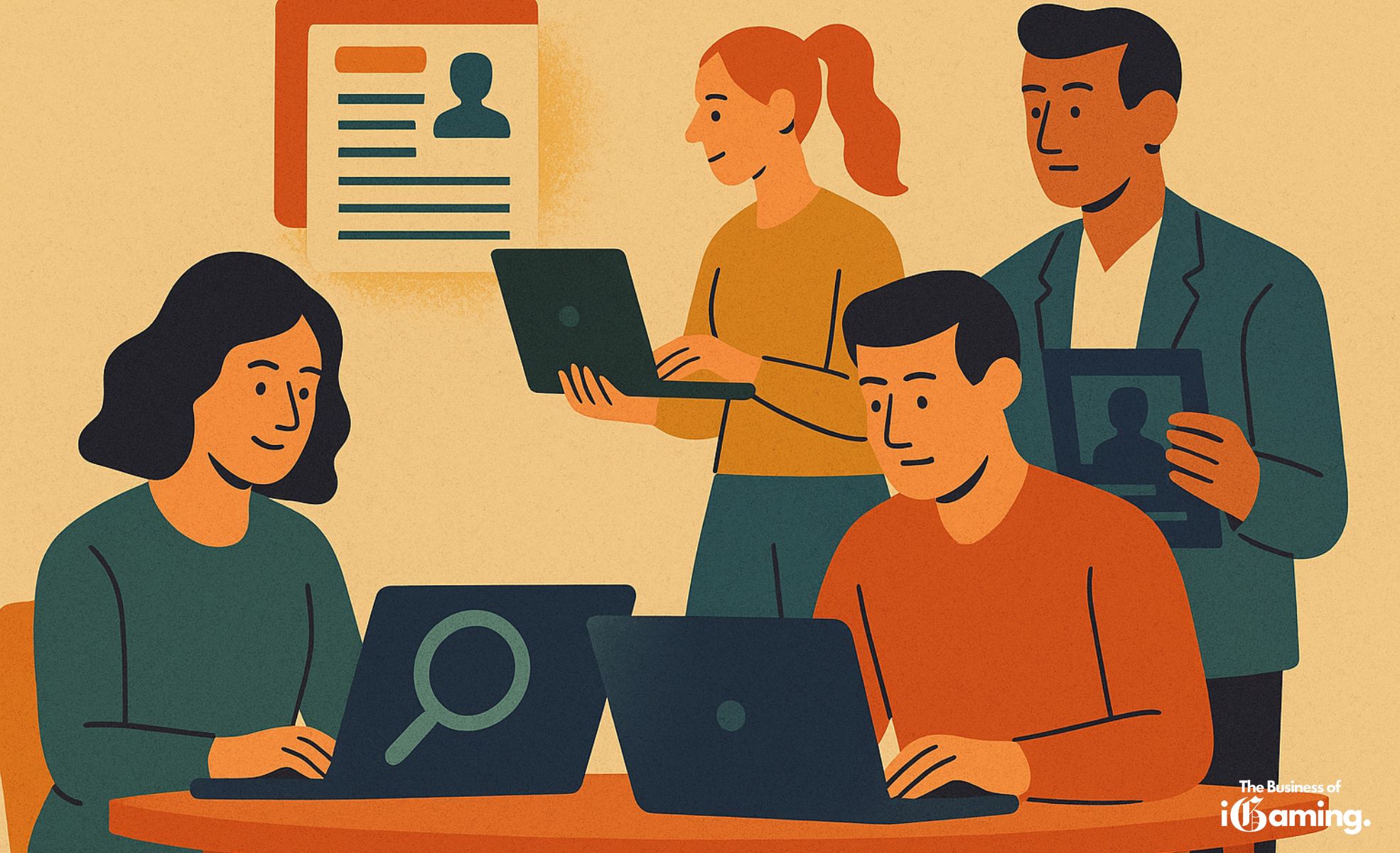 Best iGaming Job Platforms 2025 – How to Find Opportunities in a Changing Industry Mid-century modern illustration showing four professionals collaborating in an office setting. Two people sit at a table using laptops while another stands holding a computer, and a fourth person reviews a candidate profile, symbolizing job searching and recruitment in the iGaming industry.