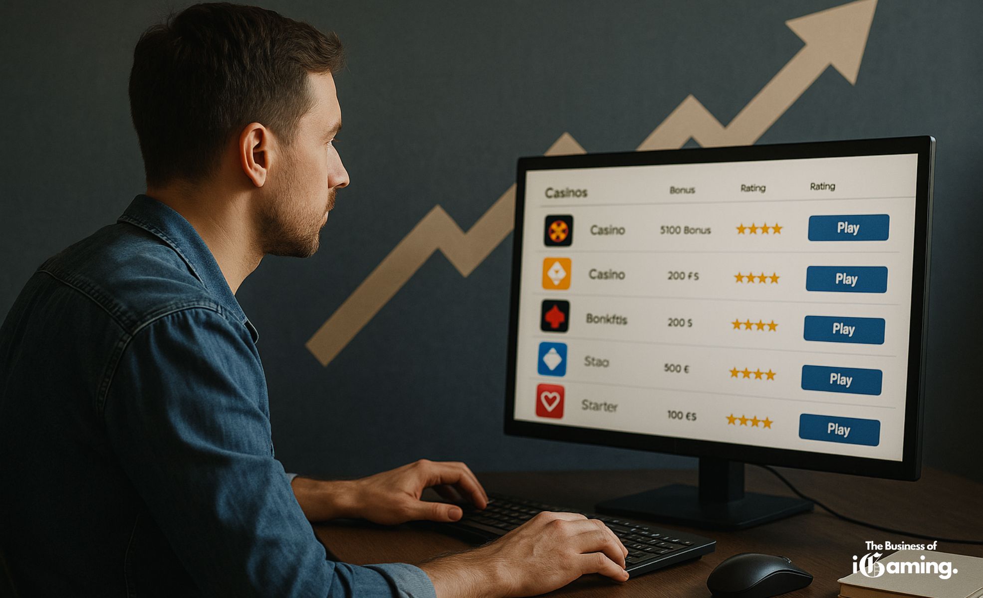The Biggest iGaming Affiliates 2025 – and the Newcomers Redefining Growth A man sitting in front of a screen scrolling a gambling comparison site. In the background there is an upgoing arrow. The image represents the Biggest casino affiliate sites in 2025.