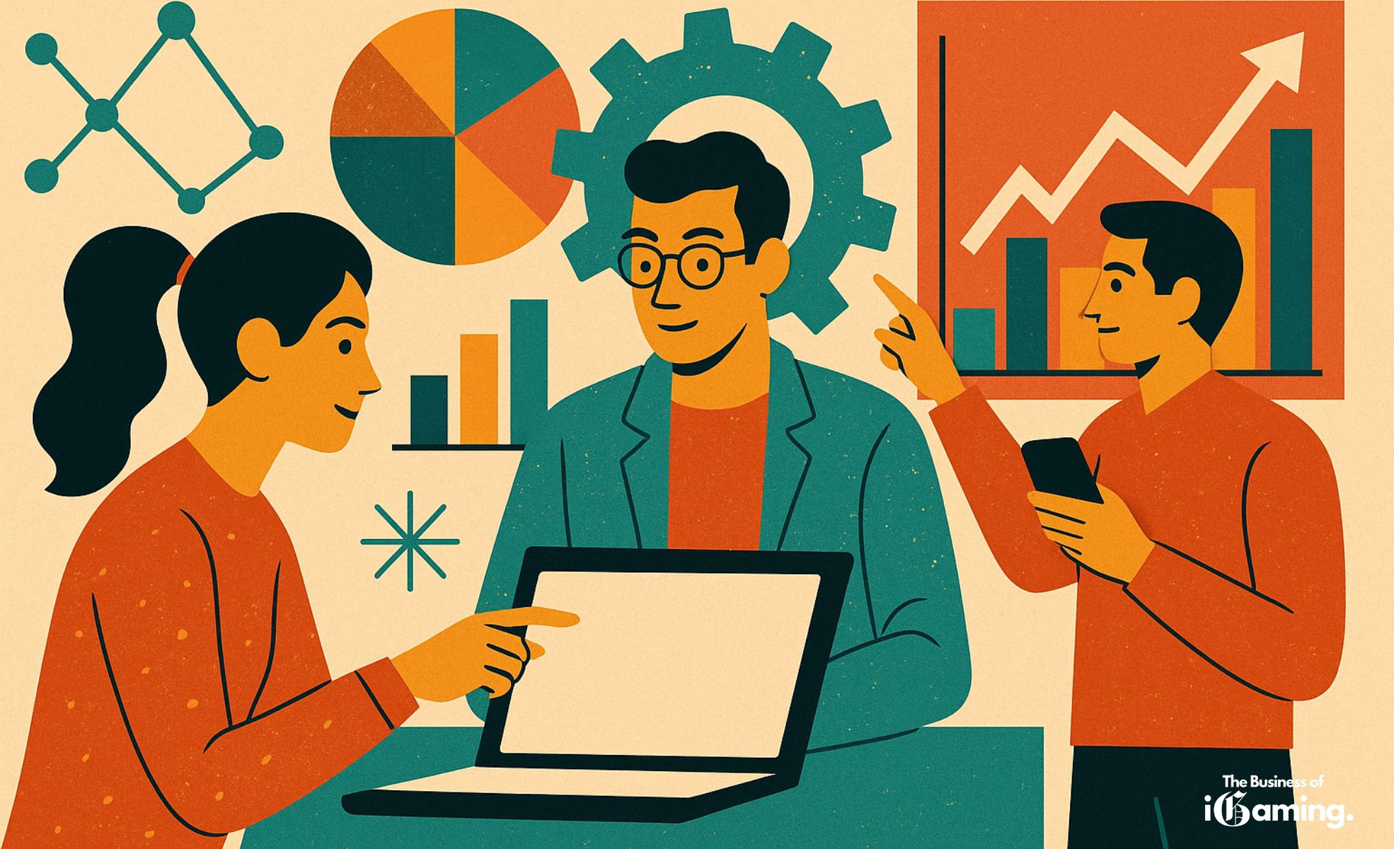 The Creativity Shift: Why Functional Experiences Are Replacing Traditional Affiliate Content A mid-century modern illustration symbolizing creativity and innovation in digital marketing. The scene shows three professionals collaborating with technology, surrounded by charts, data visualizations, and warm retro colors — reflecting the evolution of affiliate marketing toward functionality and creative engagement.