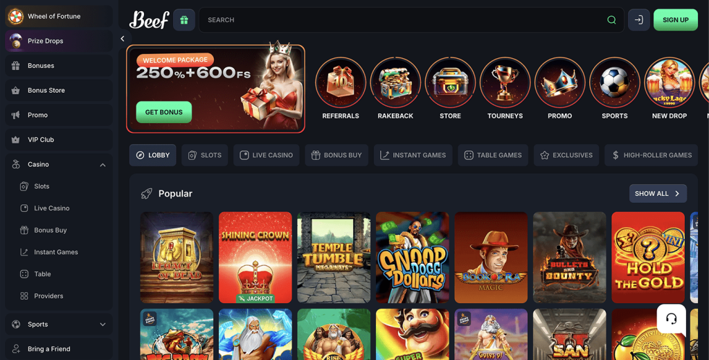 Beef Casino homepage