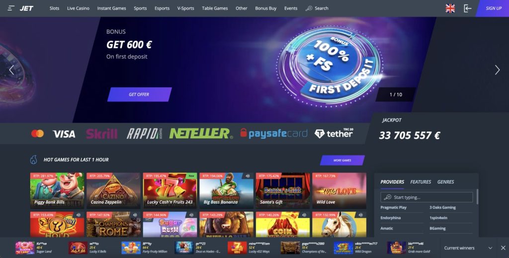 JET casino homepage