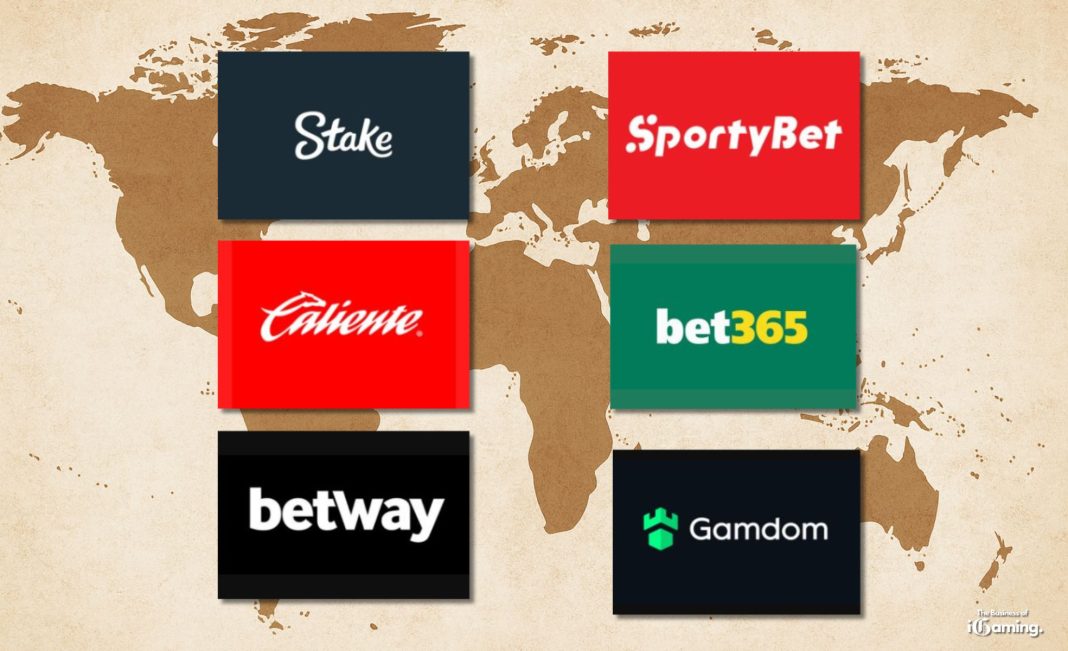 Illustration of the world’s leading online gambling brands in 2026 featuring logos of Stake, SportyBet, Caliente, Bet365, Betway, and Gamdom displayed over a global map, highlighting their international market presence.