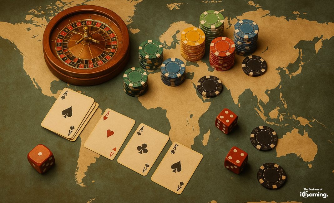 The biggest gambling markets 2025. Image showing the World map with gambling elements on top
