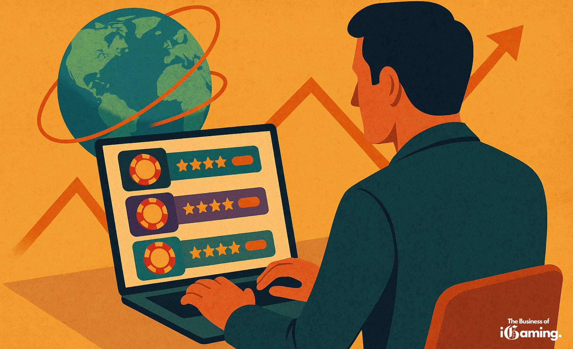 The Rise of Expired Domains: How “Authority Hijacking” Now Dominates iGaming SEO An artistic illustration with a man playing on his laptop with toplists on the screen and a globe of the world in the background to describe the concept of The Rise of Expired Domains: How “Authority Hijacking” Now Dominates iGaming SEO