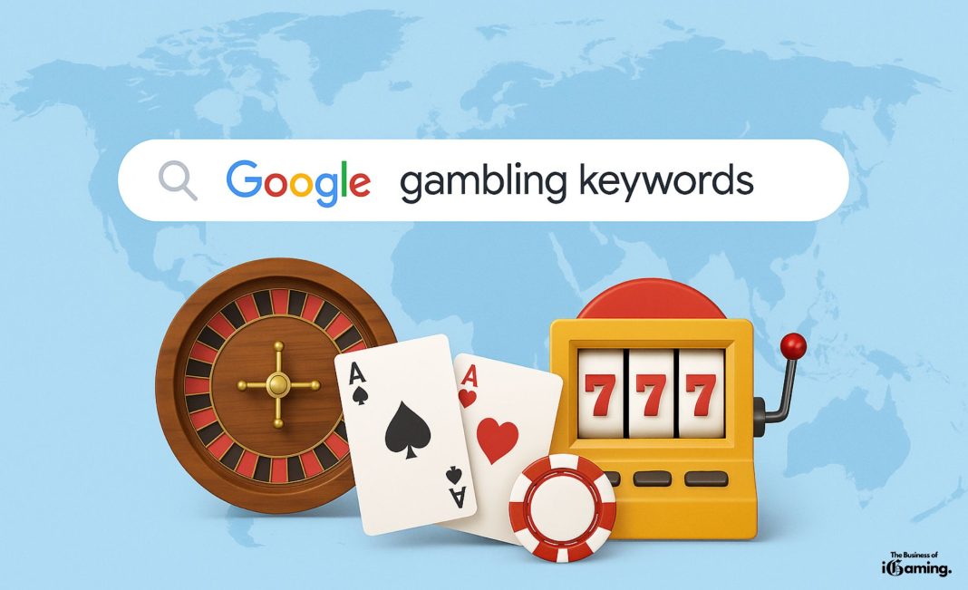 Gambling keywords on a world map with gambling elements
