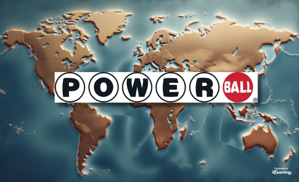 The Powerball logo over a world map with all the countries in a shiny gold color