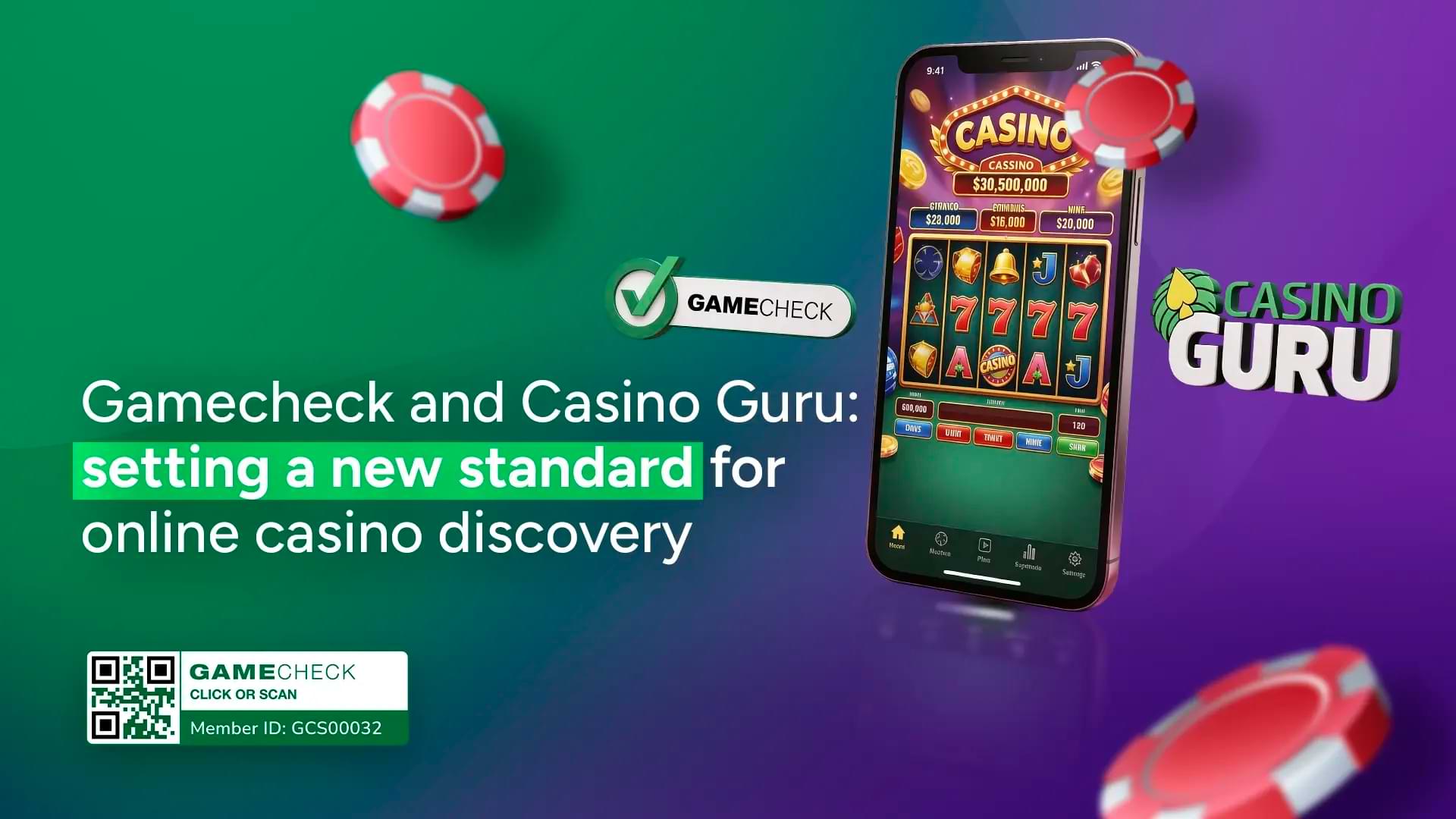 Casino Guru and Gamecheck Partner to Tackle Fake Casino Games Promotional image showing Gamecheck and Casino Guru partnership with smartphone displaying online casino slots, Gamecheck verification badge, casino chips, and text about setting a new standard for online casino discovery