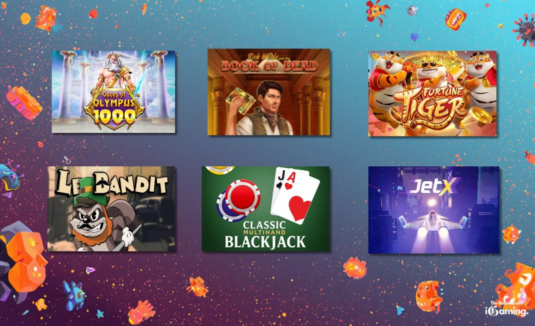 Collage of widely distributed casino games including Gates of Olympus 1000, Book of Dead, Fortune Tiger, Le Bandit, Classic Multihand Blackjack and JetX on a colorful gaming-themed background with The Business of iGaming logo in the corner