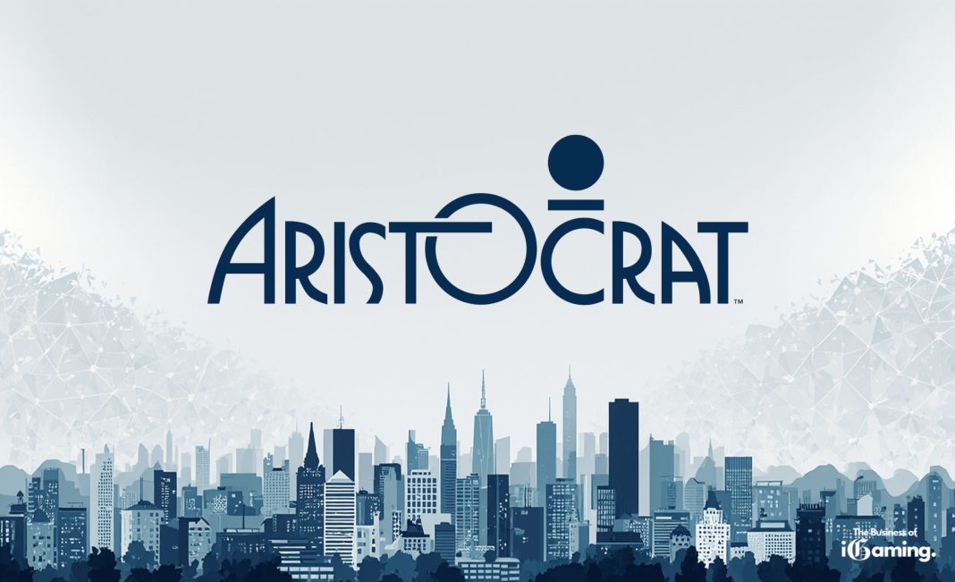 Aristocrat logo displayed above a stylized blue city skyline illustration with The Business of iGaming branding in the corner
