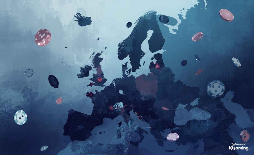 Stylized dark blue map of Europe with floating casino chips highlighting iGaming markets, branded The Business of iGaming