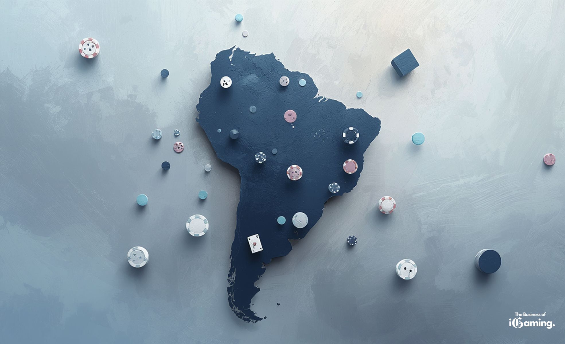 South America in Focus: The Largest and Fastest Growing iGaming Markets in 2026 Stylized dark blue map of South America surrounded by casino chips and playing card elements representing the iGaming market, branded The Business of iGaming