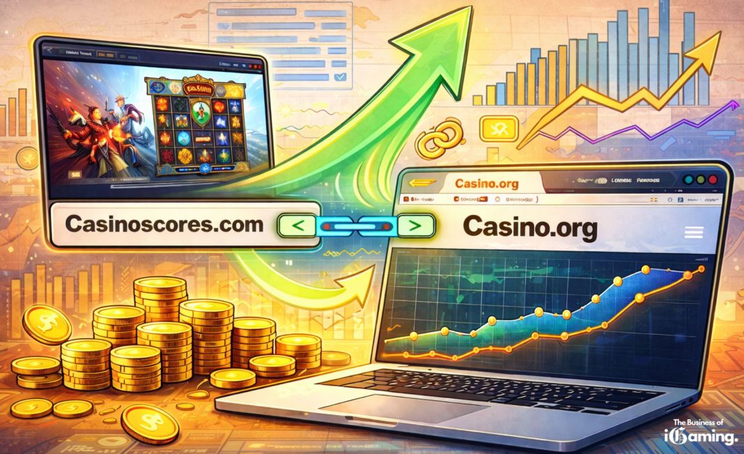 Illustration showing traffic migration from Casinoscores.com to Casino.org with charts, coins, and rising analytics graphs symbolizing SEO growth after a domain redirect.