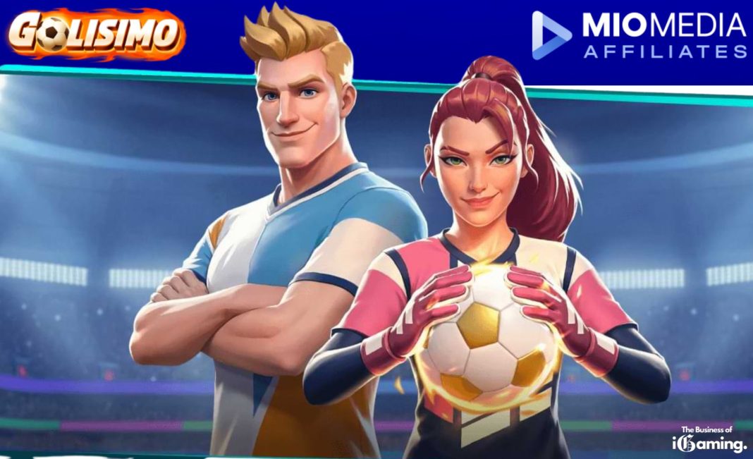 Golisimo sportsbook and casino brand banner from MioMedia showing two football players holding a glowing soccer ball ahead of the 2026 World Cup.