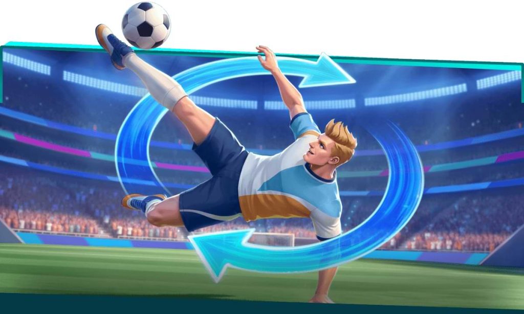 Illustration of a football player performing a bicycle kick in a stadium with dynamic arrows, promoting Golisimo’s football-themed Spin Rally casino competition.
