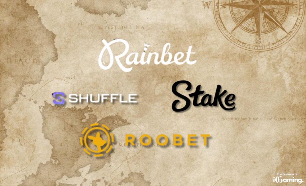 Illustration of leading crypto casino brands Stake, Roobet, Shuffle, and Rainbet displayed on a vintage-style world map background