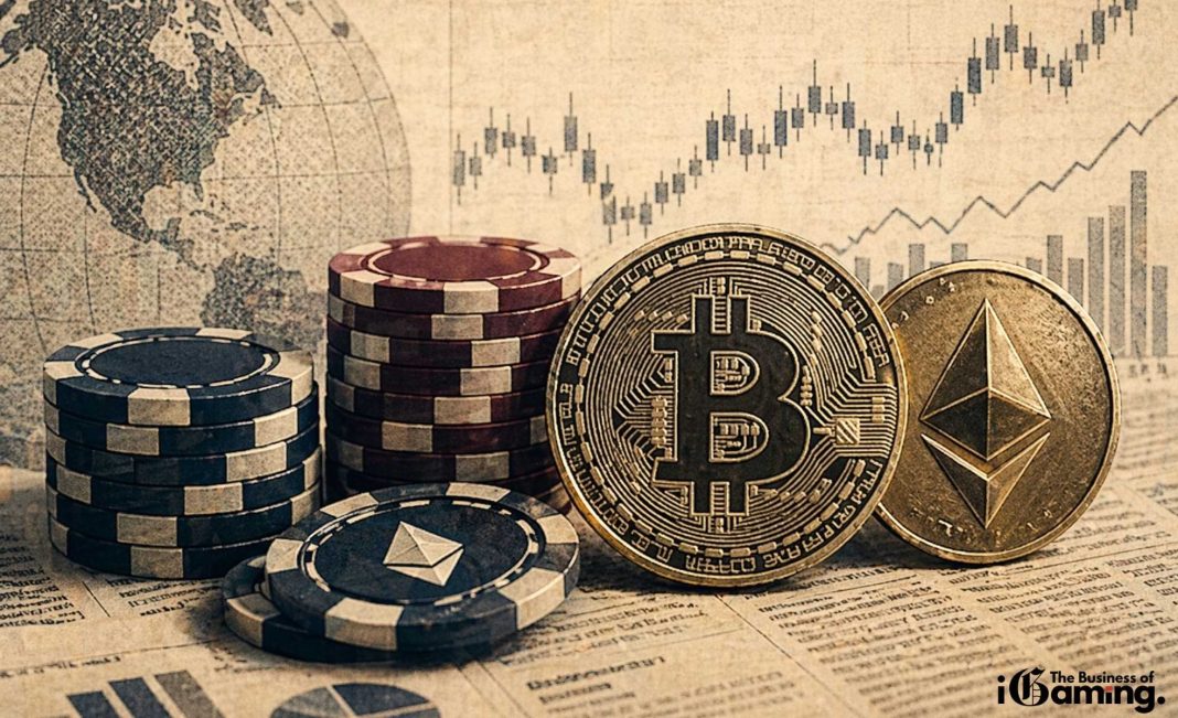 Crypto casino market concept with Bitcoin and Ethereum coins, poker chips, and financial charts on a newspaper-style background, illustrating deposit volume growth in the iGaming industry