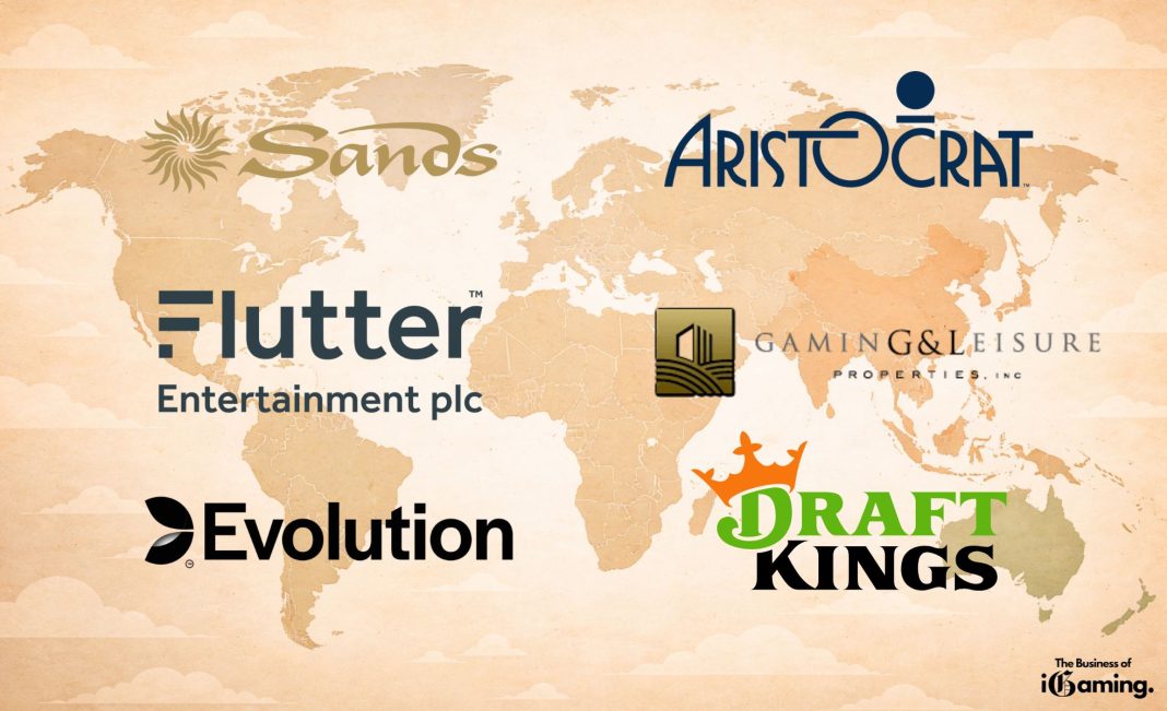Illustration of the world’s largest gambling companies in 2026 featuring logos of Las Vegas Sands, Aristocrat, Flutter Entertainment, Gaming and Leisure Properties, Evolution, and DraftKings displayed over a global map, highlighting their international presence.