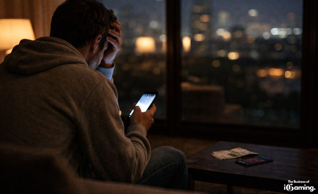 Man using smartphone at night showing financial stress related to online sports betting