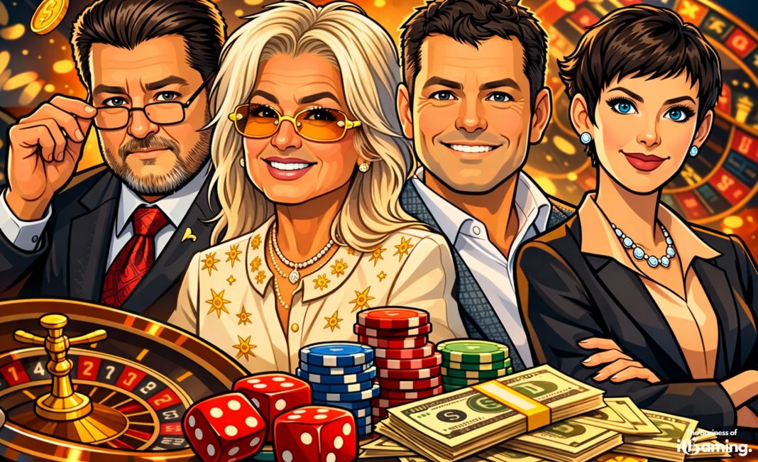 Illustrated cartoon-style collage of four influential gambling industry billionaires standing in front of a casino scene with a roulette wheel, poker chips, dice and stacks of money, symbolizing wealth and power in the global casino and iGaming industry.