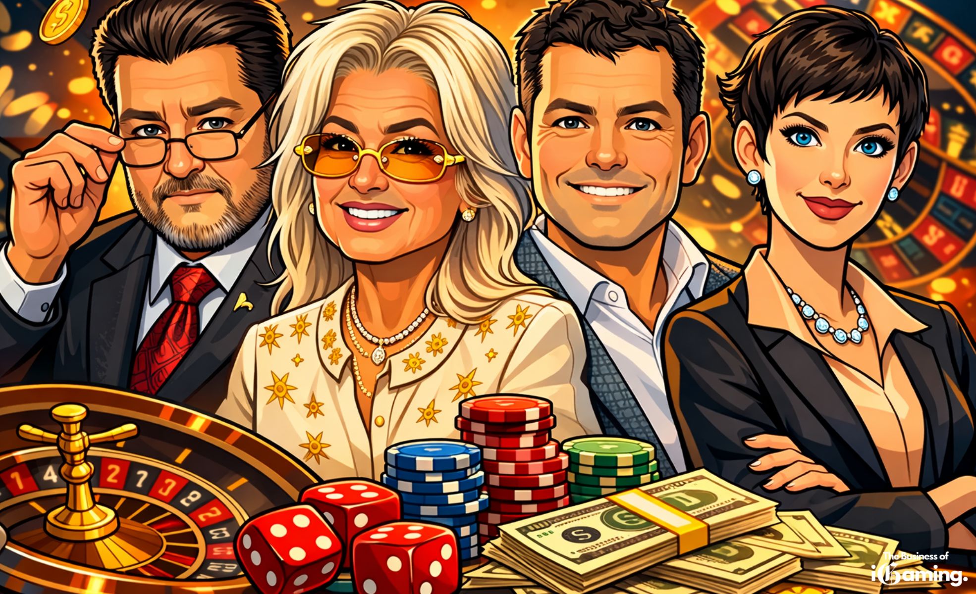 The Richest People in Gambling and Casinos 2026 Illustrated cartoon-style collage of four influential gambling industry billionaires standing in front of a casino scene with a roulette wheel, poker chips, dice and stacks of money, symbolizing wealth and power in the global casino and iGaming industry.
