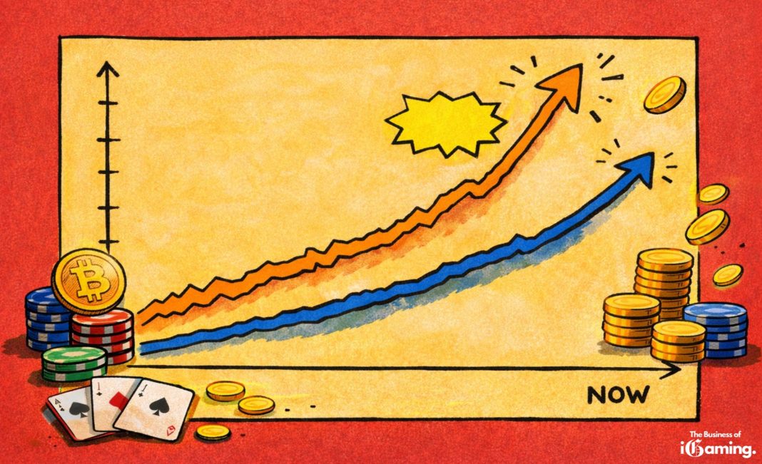 Hand-drawn style illustration showing rapidly rising online gambling traffic and referring domains with casino chips, coins and playing cards symbolizing iGaming affiliate SEO growth.