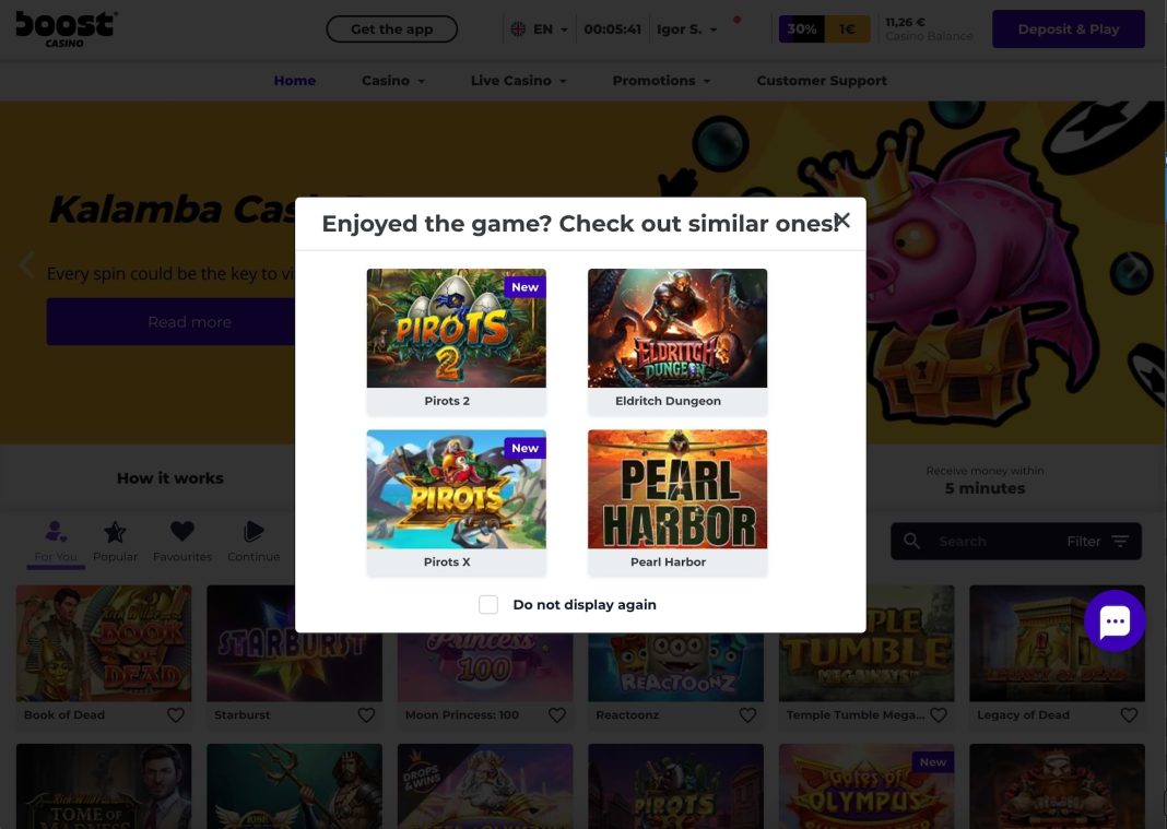 AI-powered “Similar Games” recommendation popup in Boost Casino lobby showing personalized slot suggestions based on player behavior