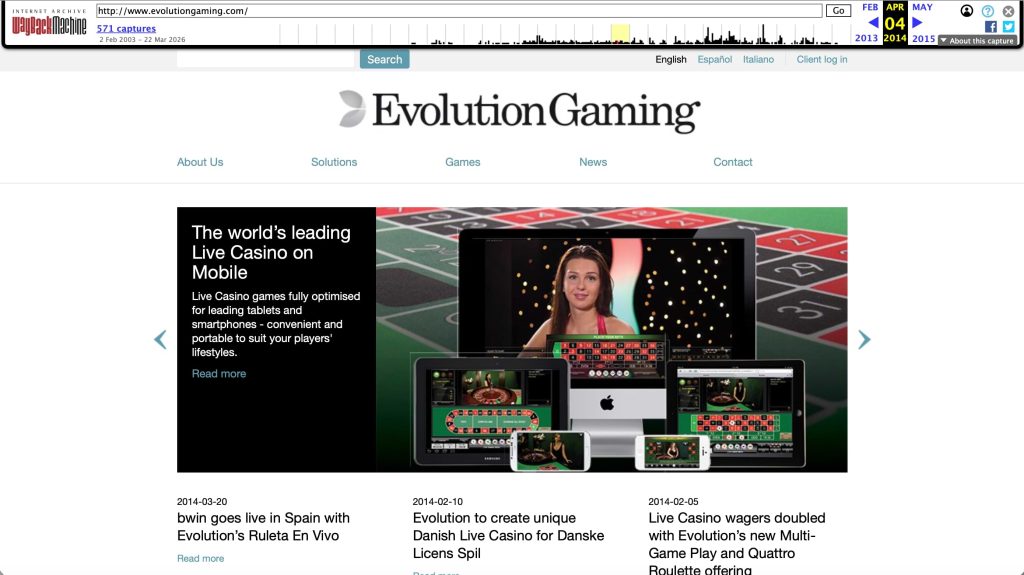 Evolution Gaming homepage 2014 showcasing mobile live casino platform across desktop, tablet and smartphone devices