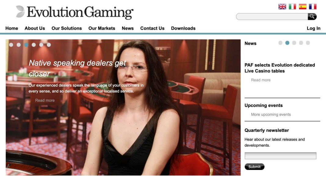 Evolution Gaming homepage 2013 showing live casino dealer and native speaking dealers feature Wayback Machine