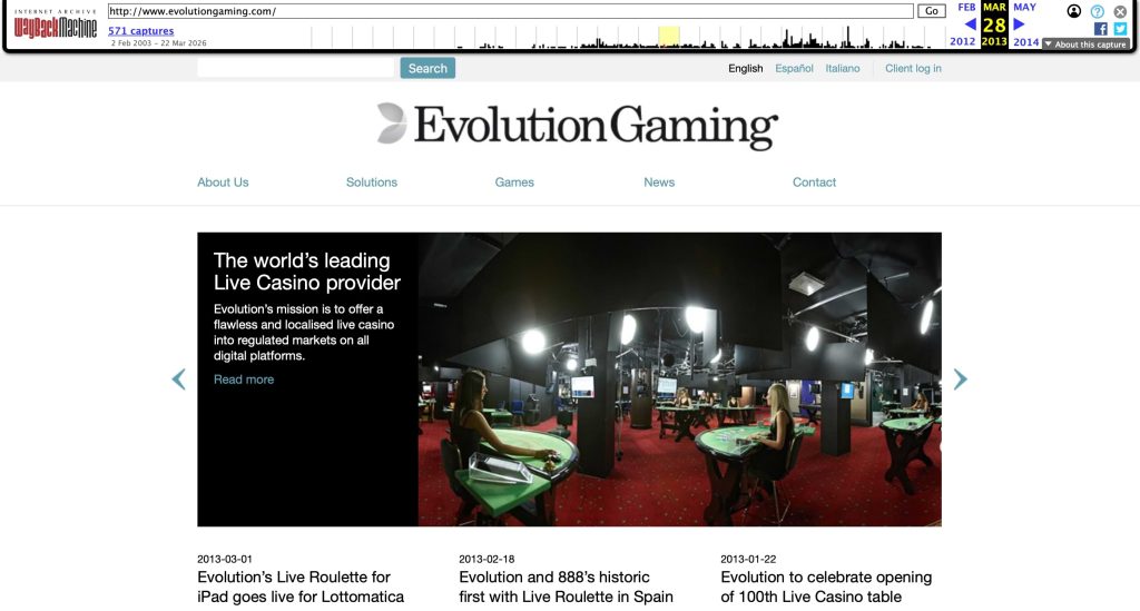 Evolution Gaming homepage 2013 showing live casino studio setup and positioning as leading live casino provider Wayback Machine