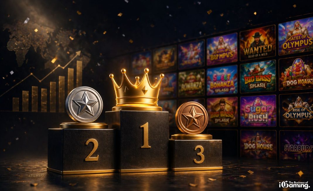 Cinematic podium with gold crown and ranking steps symbolizing top slot providers, set against a blurred casino game background and rising market chart, representing competition and growth in the iGaming industry.