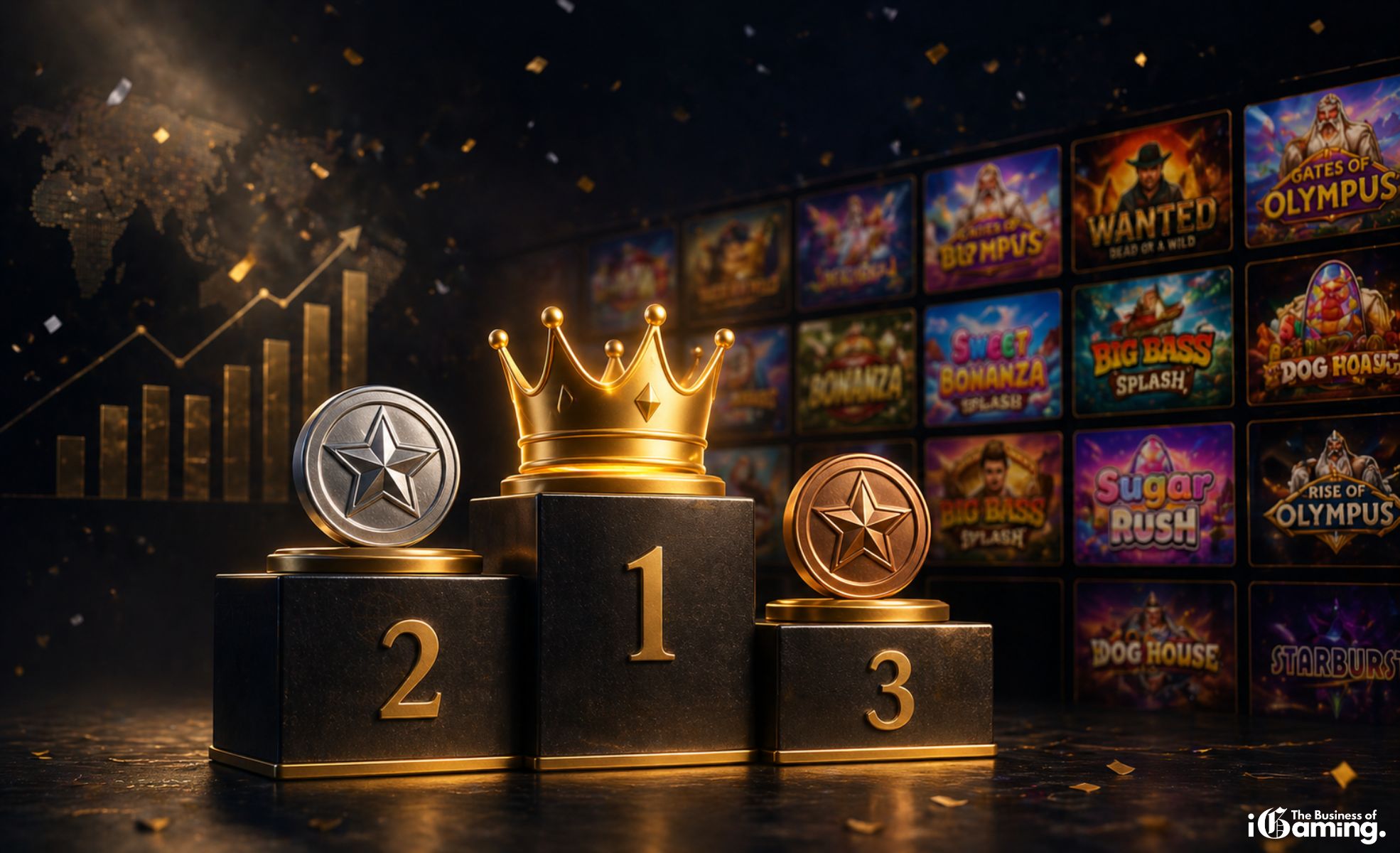 The Scale War in Slots: KA Gaming Moves Ahead as the Industry Splits in Two Cinematic podium with gold crown and ranking steps symbolizing top slot providers, set against a blurred casino game background and rising market chart, representing competition and growth in the iGaming industry.