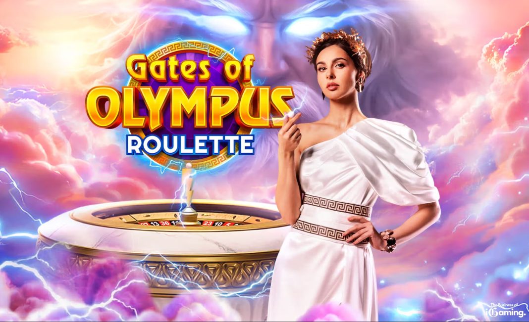 Gates of Olympus Roulette promotional image featuring Zeus-themed roulette table, lightning effects, and a female host in Grecian attire against a dramatic Olympus sky backdrop