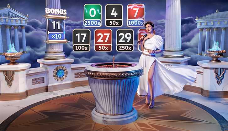 Gates of Olympus Roulette gameplay screen showing bonus numbers, multipliers up to 2500x, and a live host in a Greek temple-themed studio with a central roulette wheel