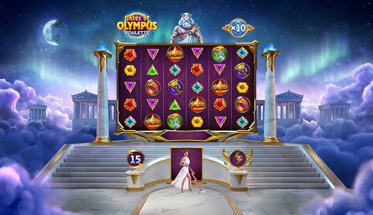 Gates of Olympus Roulette bonus game screen featuring slot-style reels, multipliers, and Zeus overseeing a Greek temple setting with a live host below