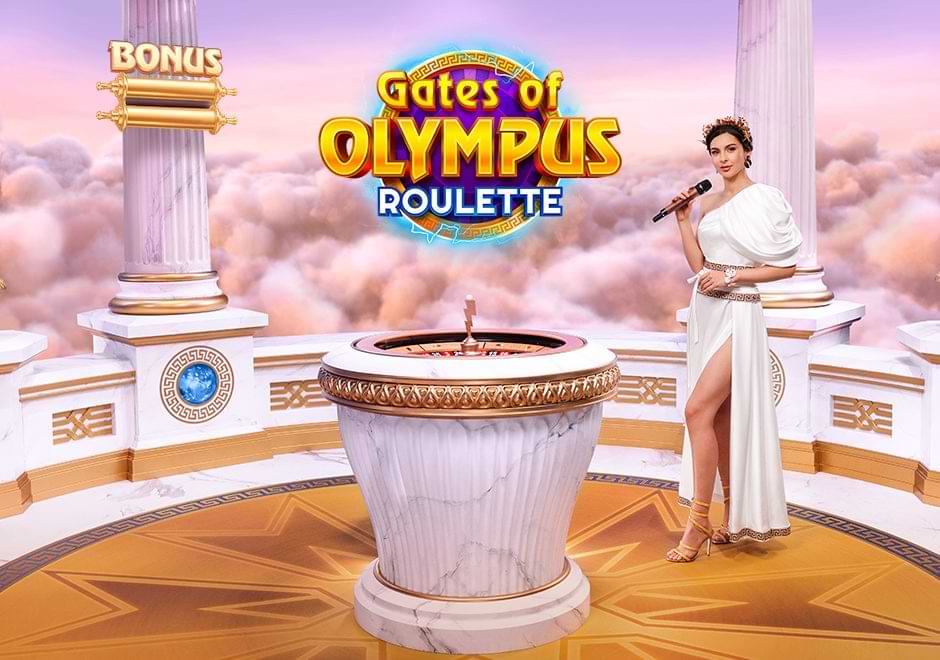 Gates of Olympus Roulette live studio scene with Greek temple design, roulette wheel centerpiece, and female host in classical attire under Olympus-themed sky backdrop