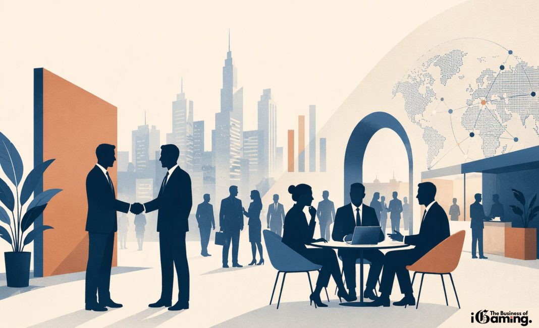 Illustration of an iGaming summit scene with business professionals networking, shaking hands, and holding meetings in a modern conference setting, with a city skyline and global connections in the background.