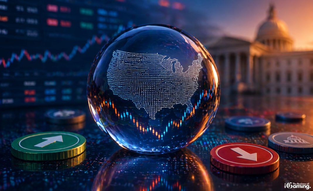 Prediction market concept with digital US map inside glass sphere, trading charts and bullish/bearish tokens symbolizing financial speculation and market trends