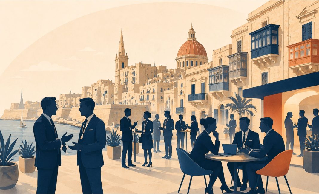 Illustration of an iGaming networking event in Malta, showing professionals in business attire meeting and discussing on a waterfront terrace with historic Maltese buildings and a Mediterranean harbor in the background.