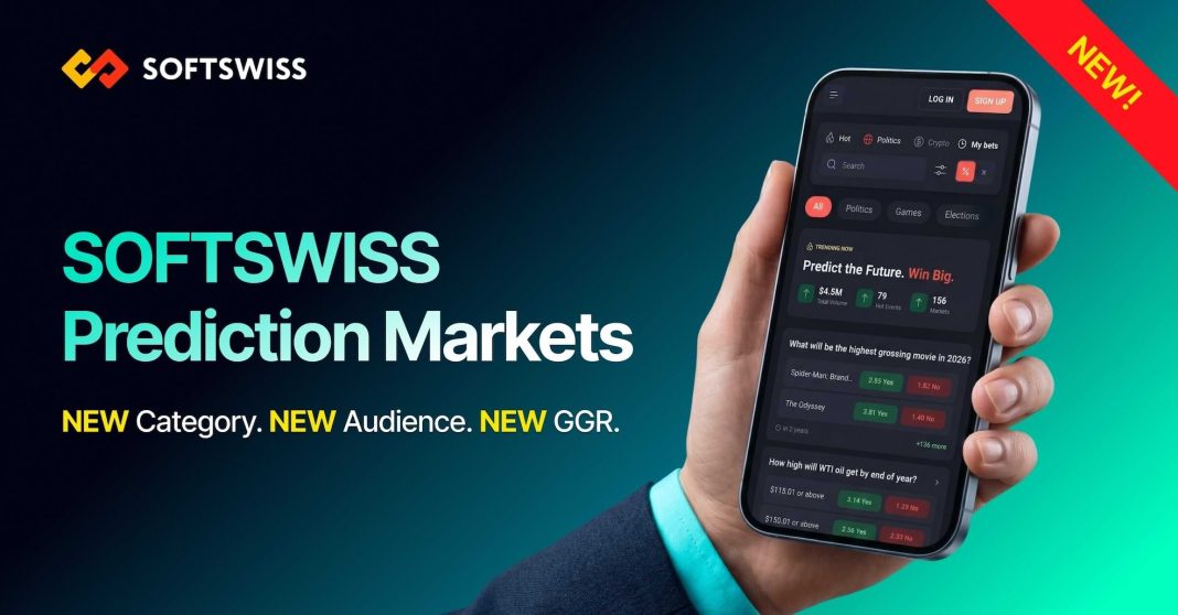 SOFTSWISS Prediction Markets promotional graphic showing mobile interface with event-based betting markets and slogan “New Category, New Audience, New GGR”