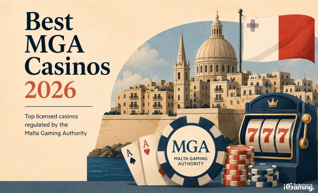 llustrated featured image for Best MGA Casinos 2026 featuring Malta skyline, Malta Gaming Authority theme, casino chips, cards and slot machine symbols.