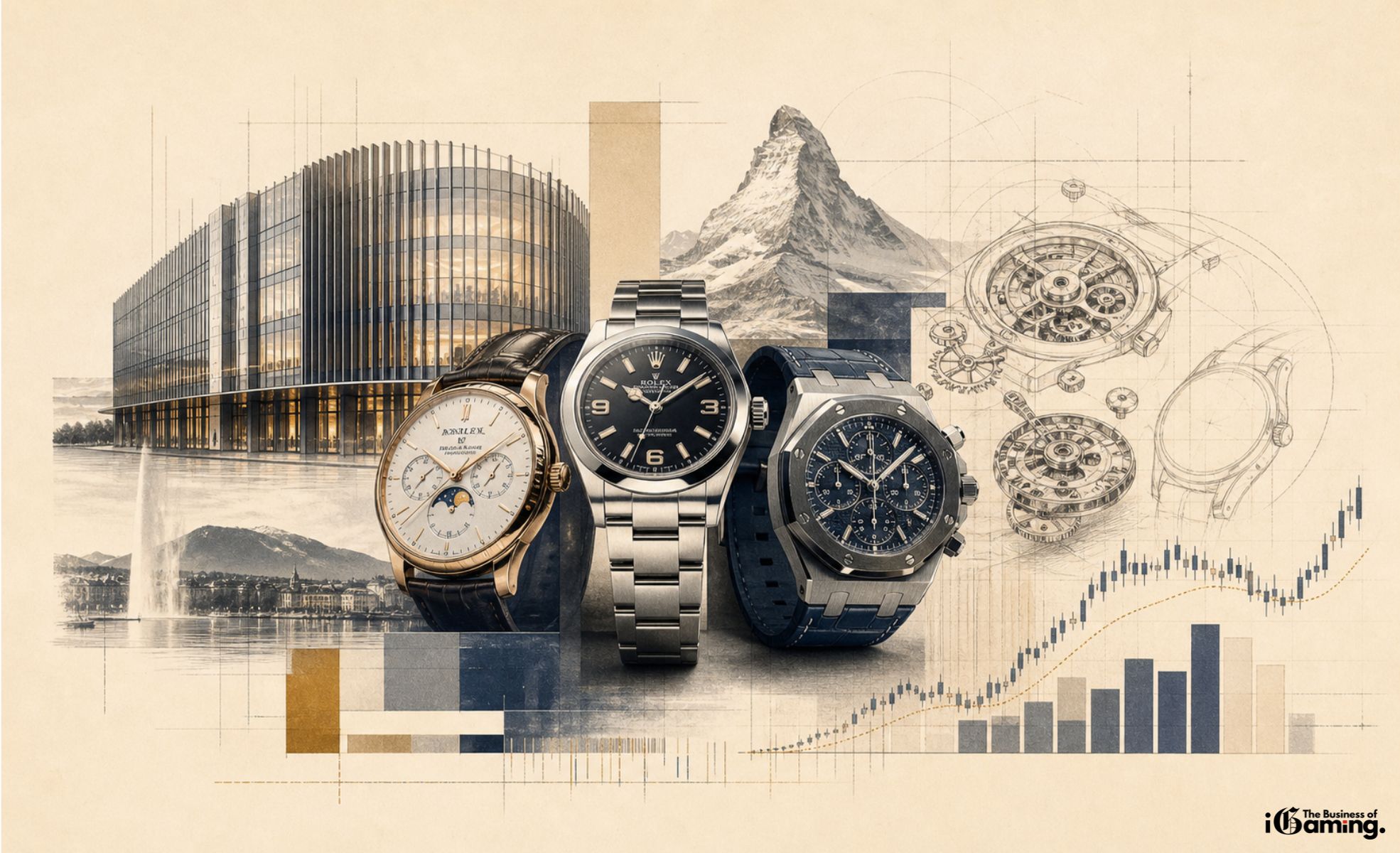 Watches and Wonders 2026 – Craft, Restraint and a Market Reset Illustration of luxury watches and Watches and Wonders Geneva 2026, featuring Swiss watchmaking craftsmanship, mechanical sketches and market growth elements