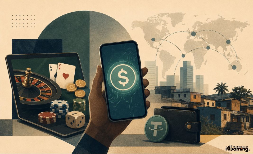 Editorial-style illustration showing a smartphone with stablecoin wallet beside online casino elements, poker chips and crypto tokens, symbolizing crypto casinos as financial on-ramps in emerging markets.