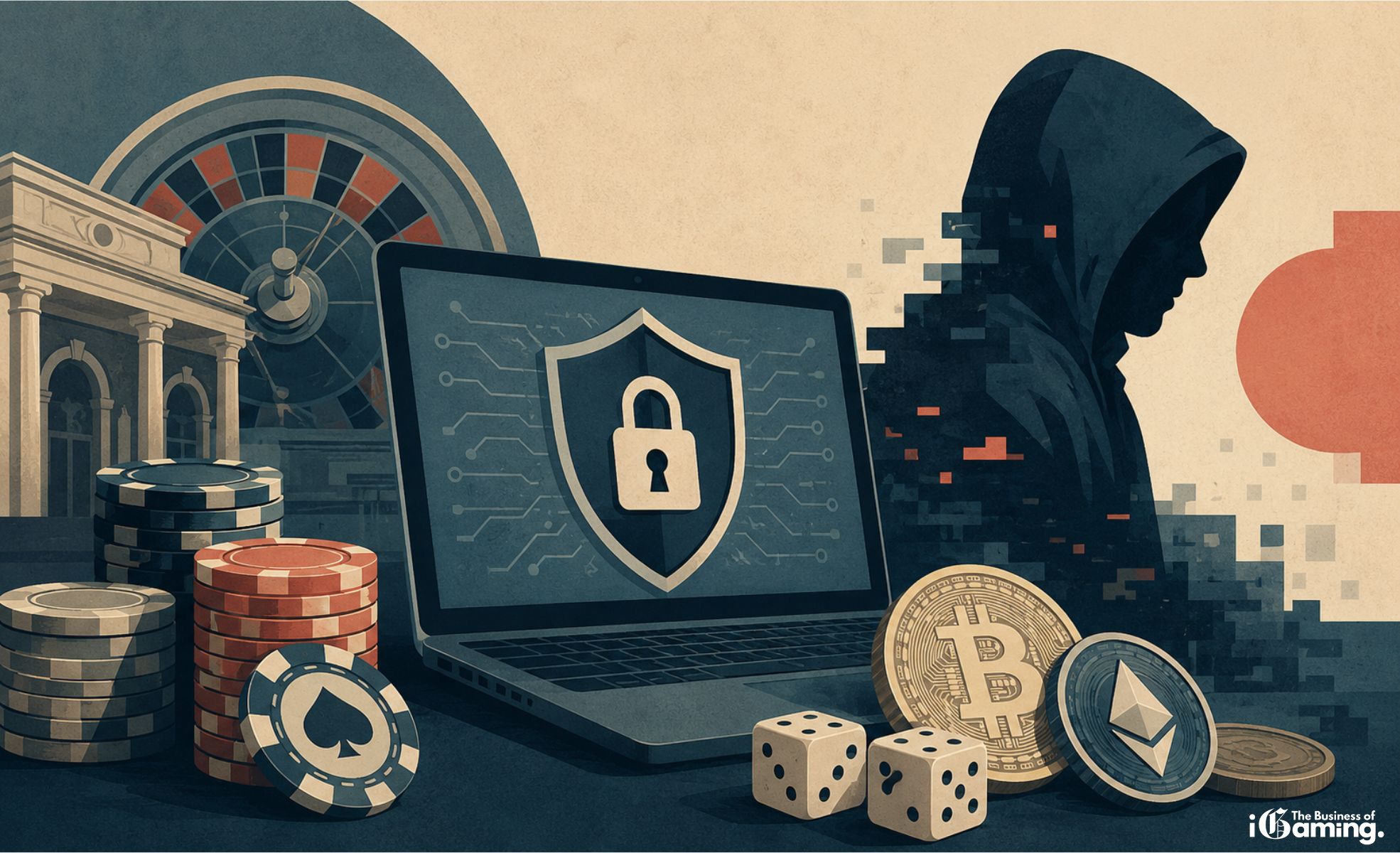 Cyber Security in iGaming and Crypto Casinos Illustration of cyber security threats in iGaming and crypto casinos with digital protection, casino gaming elements and cryptocurrency symbols